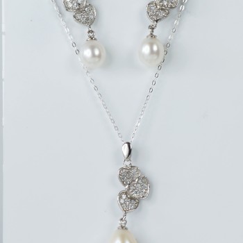 Sterling Silver CZ Freshwater Pearl Pendant and Earrings Set